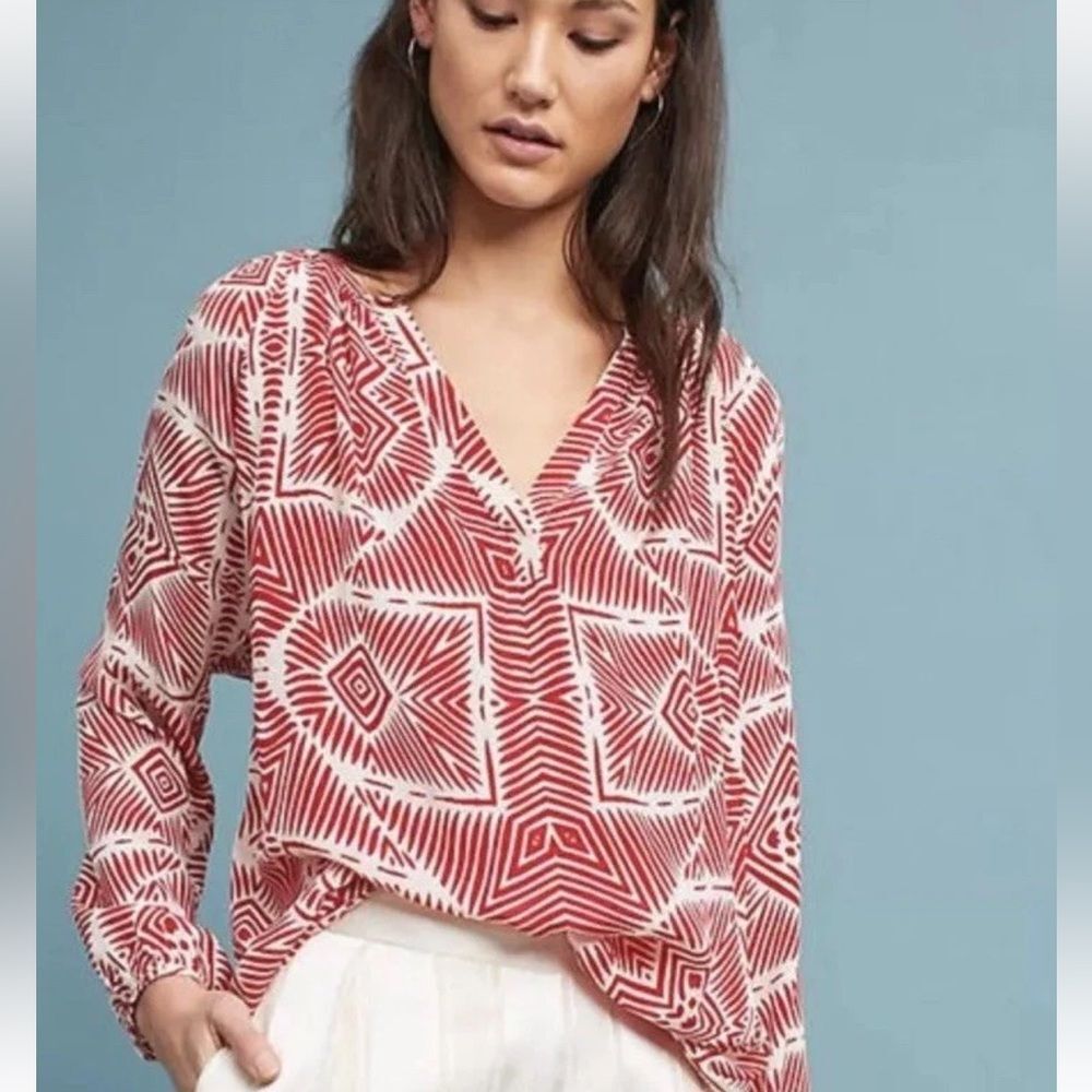 Anthropologie Duet Elowen Silk Boho 3/4 Sleeve Blouse